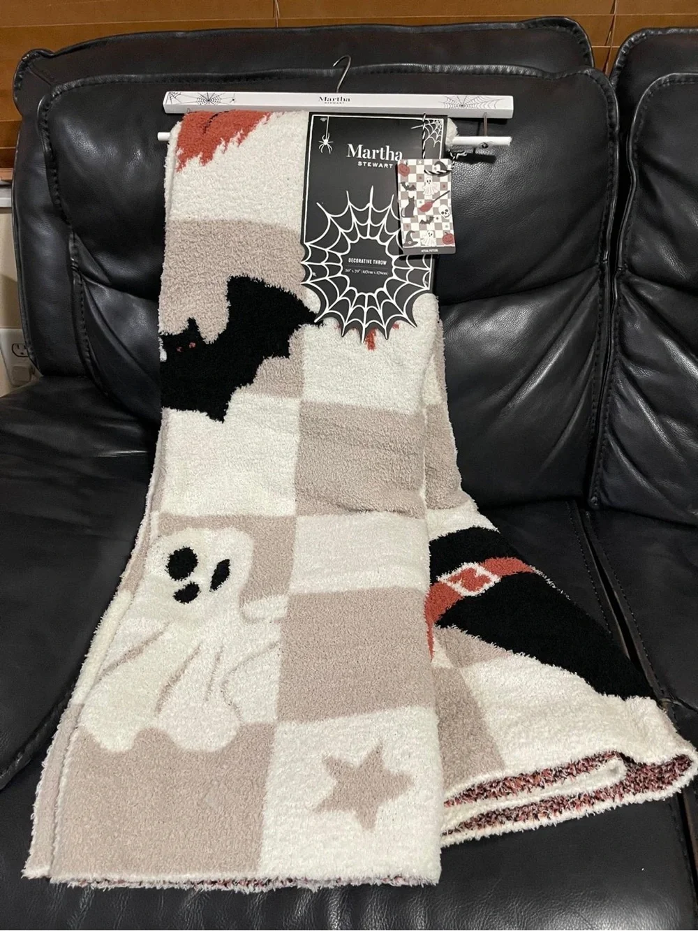 Martha Stewart Cream and Black Halloween Plush Throw with Ghost & Bat Pattern